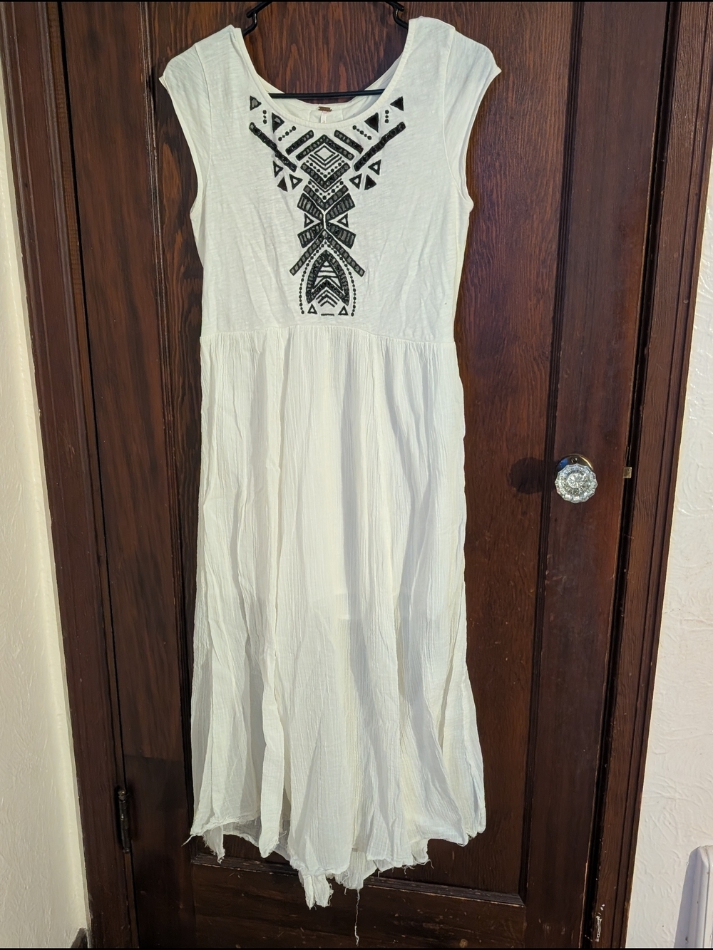 Free People Meadows White Maxi Dress with Black Embroidered Front